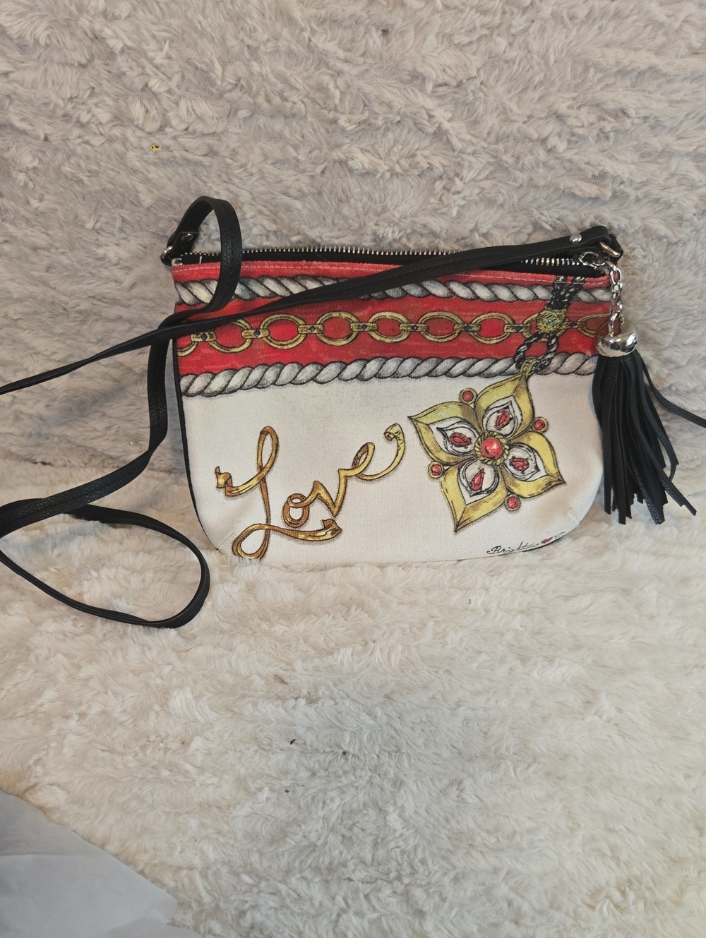 Brighton White Crossbody Bag with Red & Gold Accents